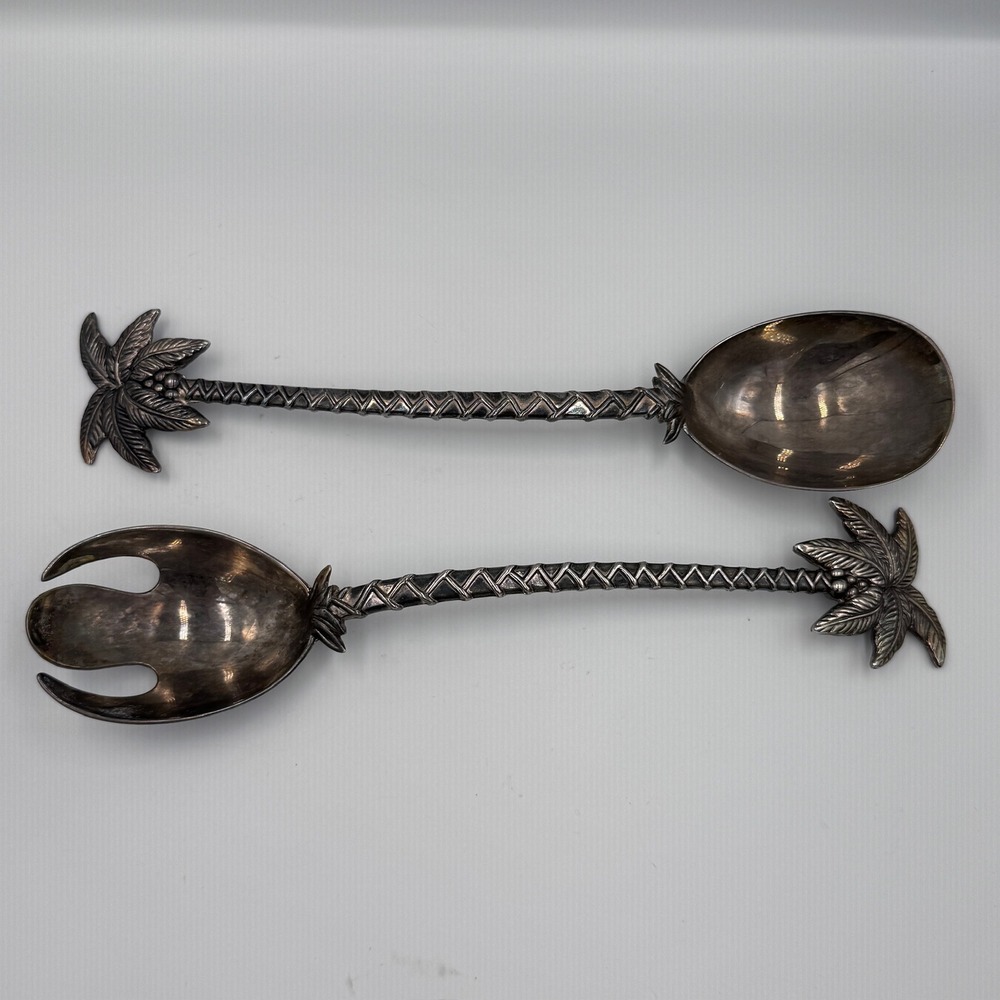 Vintage Palm Tree Salad Serving Set Silver Tone Tropical Coastal Tiki‎